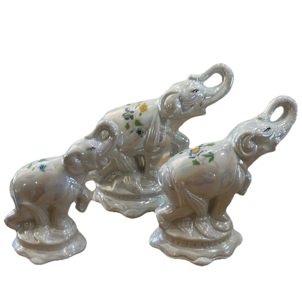 Vintage Sabre Porcelain Elephant Lustreware Figurines Trunks Up set‎ of 3 Floral